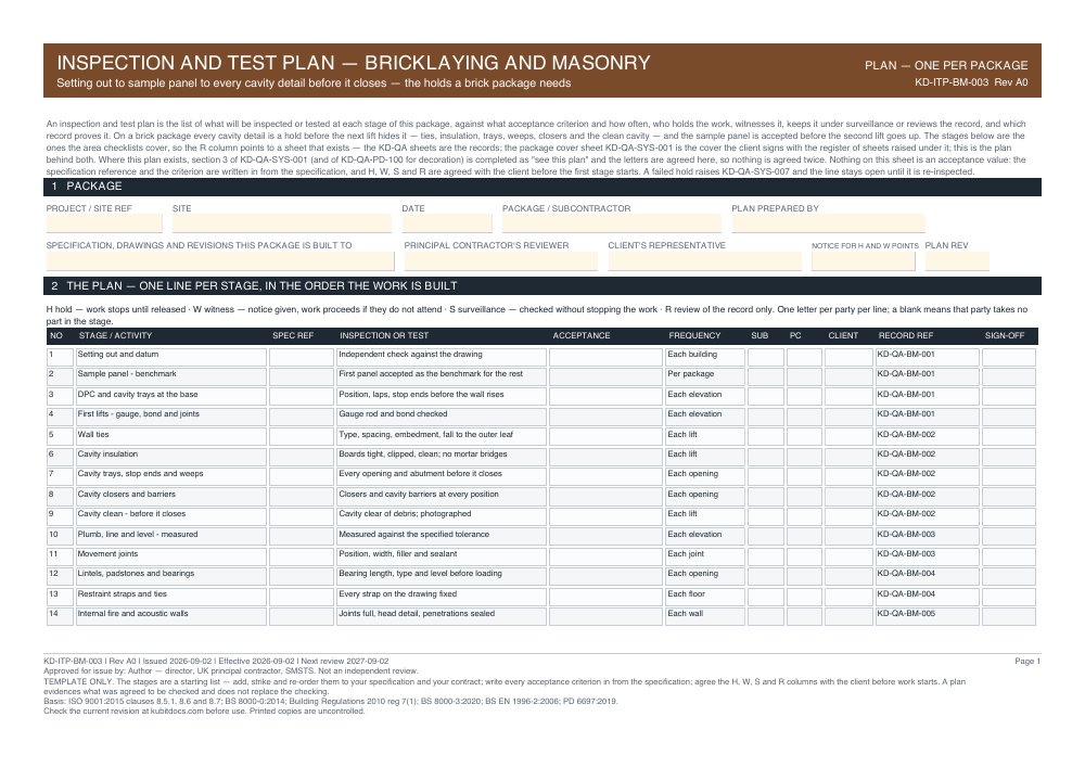 Inspection and Test Plan — Bricklaying and Masonry — page one