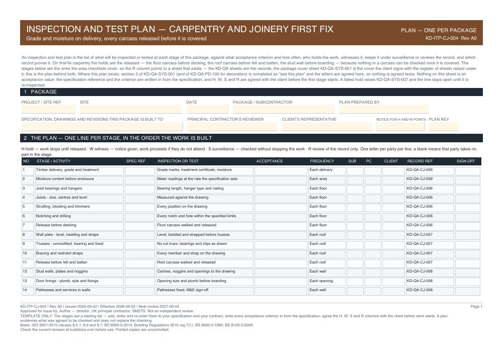 Inspection and Test Plan — Carpentry and Joinery First Fix — page one