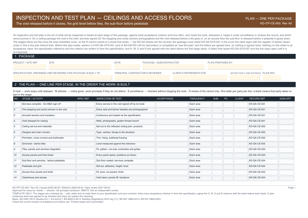Inspection and Test Plan — Ceilings and Access Floors — page one