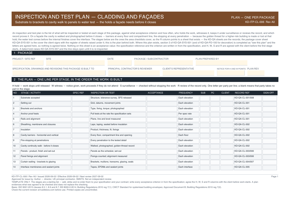 Inspection and Test Plan — Cladding and Façades — page one
