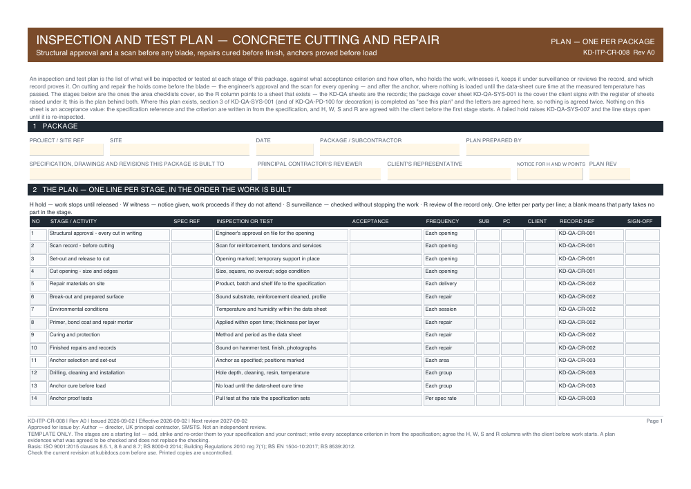 Inspection and Test Plan — Concrete Cutting and Repair — page one
