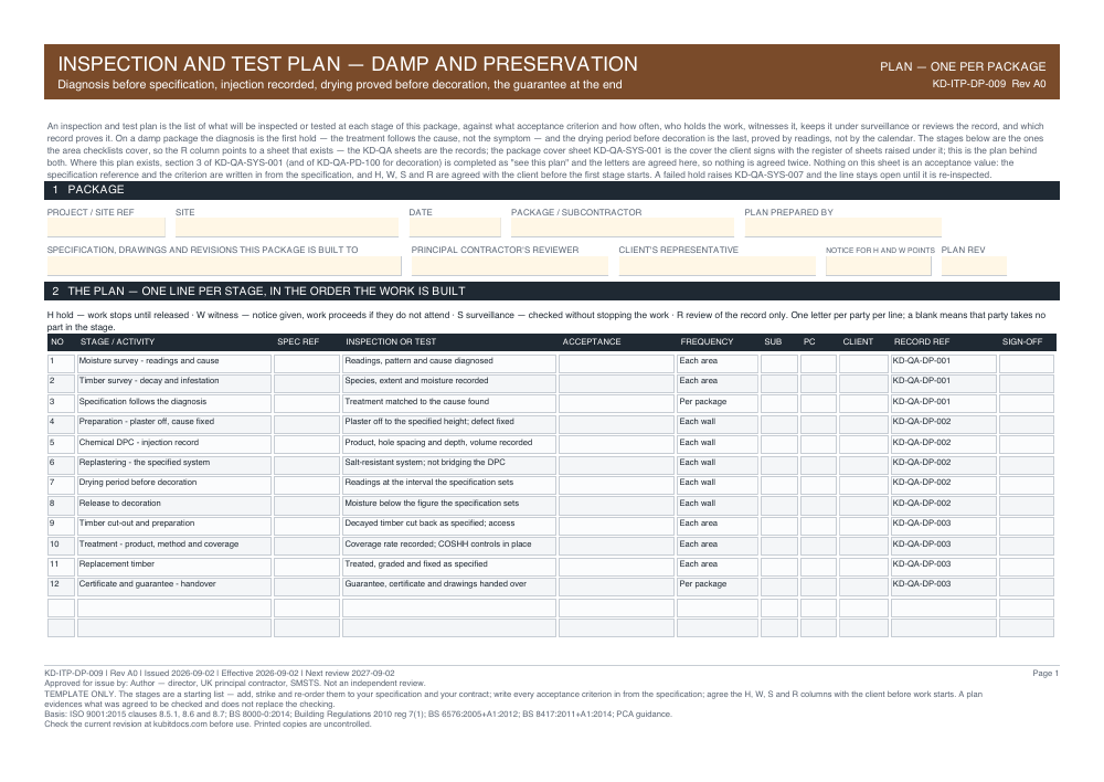 Inspection and Test Plan — Damp and Preservation — page one