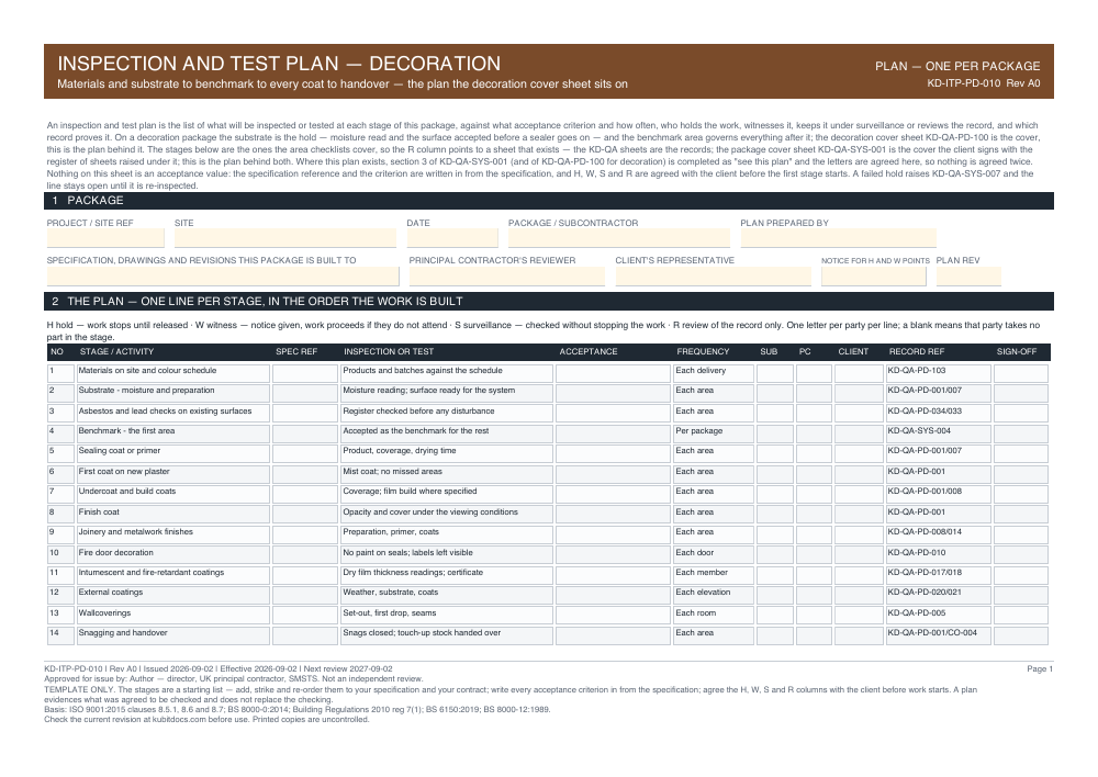 Inspection and Test Plan — Decoration — page one