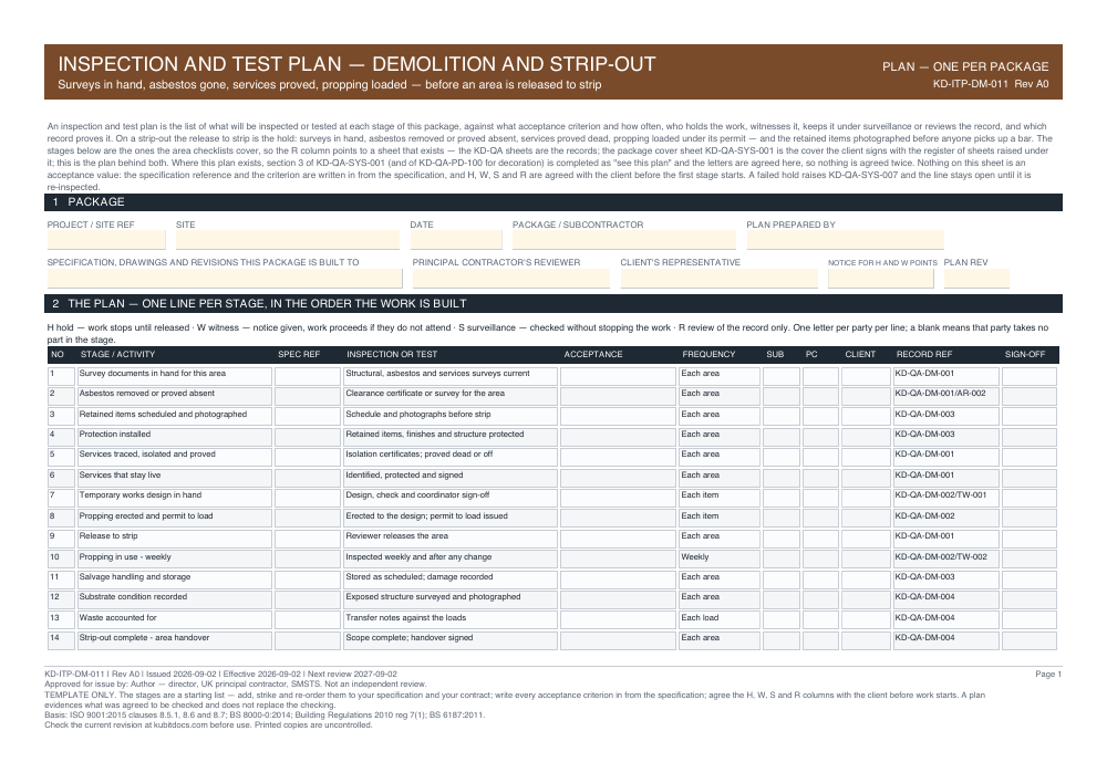 Inspection and Test Plan — Demolition and Strip-Out — page one