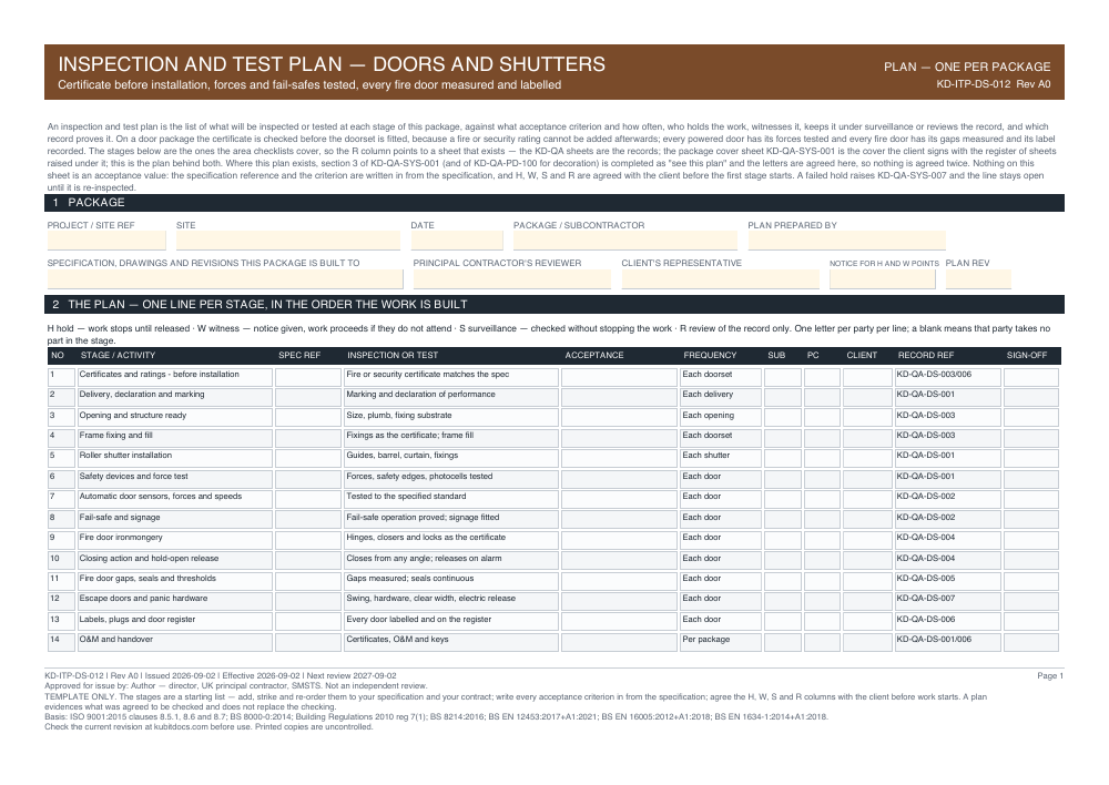 Inspection and Test Plan — Doors and Shutters — page one