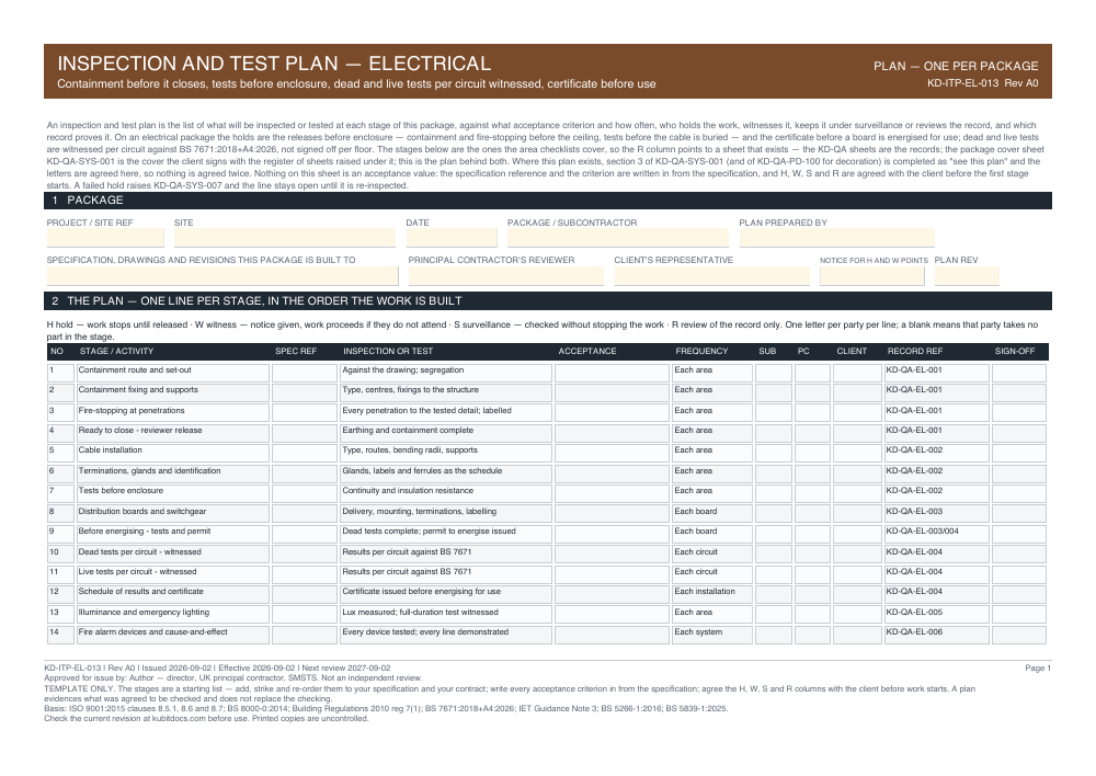 Inspection and Test Plan — Electrical — page one