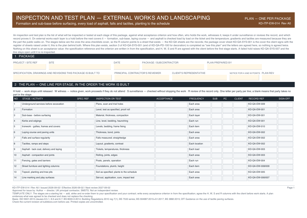 Inspection and Test Plan — External Works and Landscaping — page one