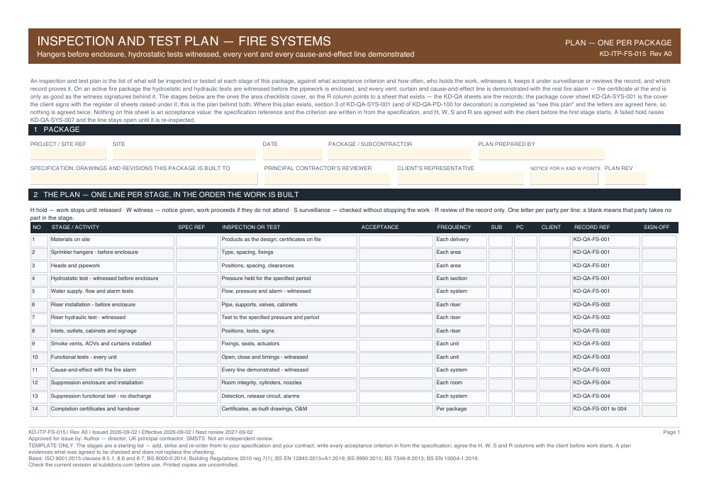 Inspection and Test Plan — Fire Systems — page one