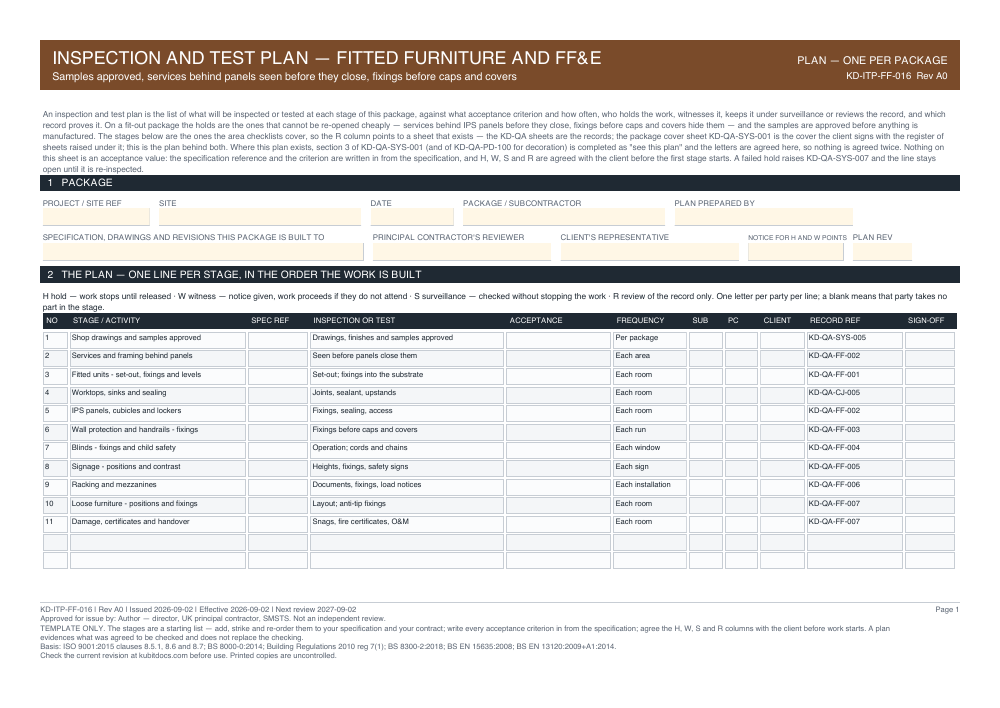 Inspection and Test Plan — Fitted Furniture and FF&E — page one