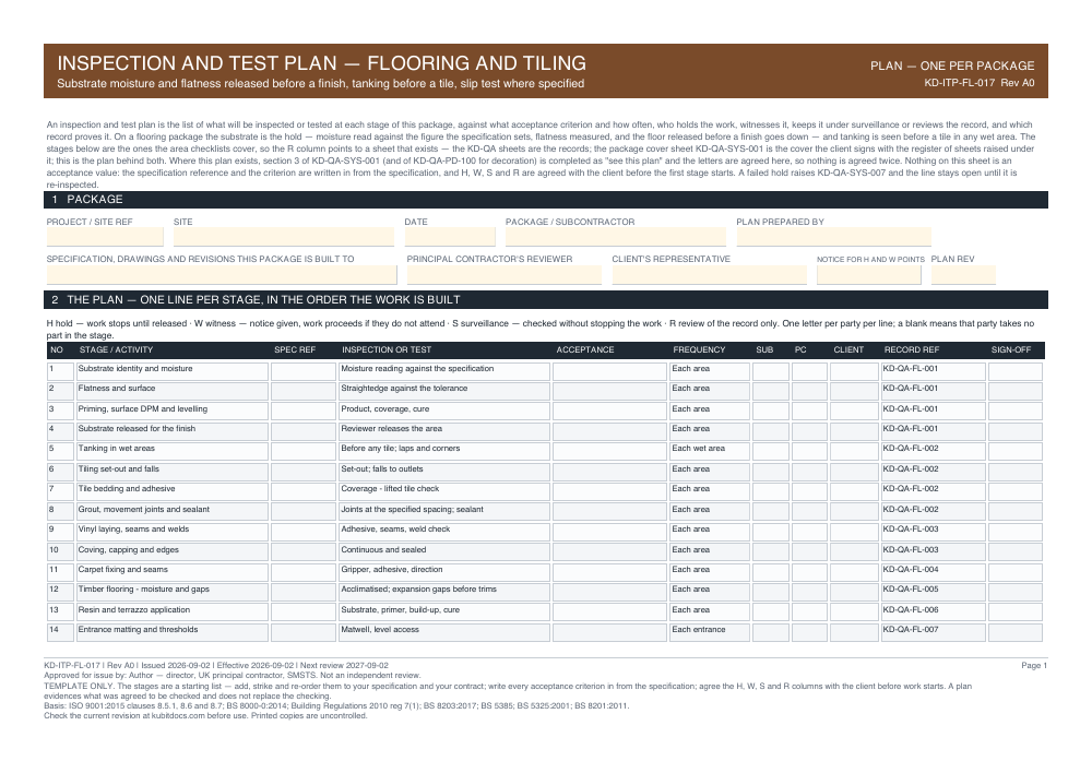 Inspection and Test Plan — Flooring and Tiling — page one