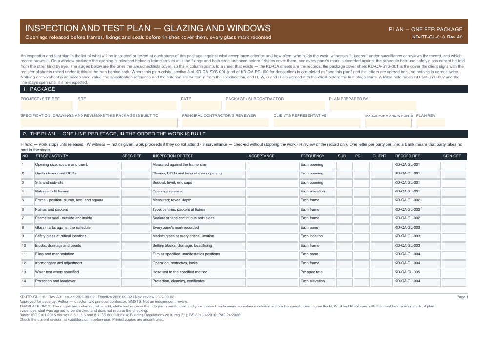 Inspection and Test Plan — Glazing and Windows — page one