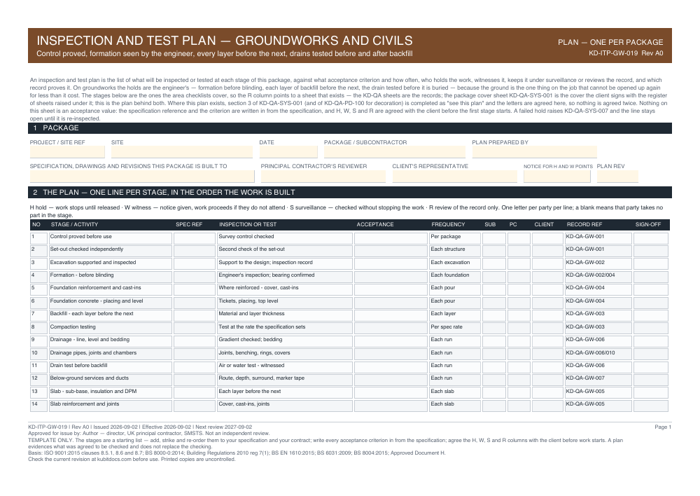 Inspection and Test Plan — Groundworks and Civils — page one