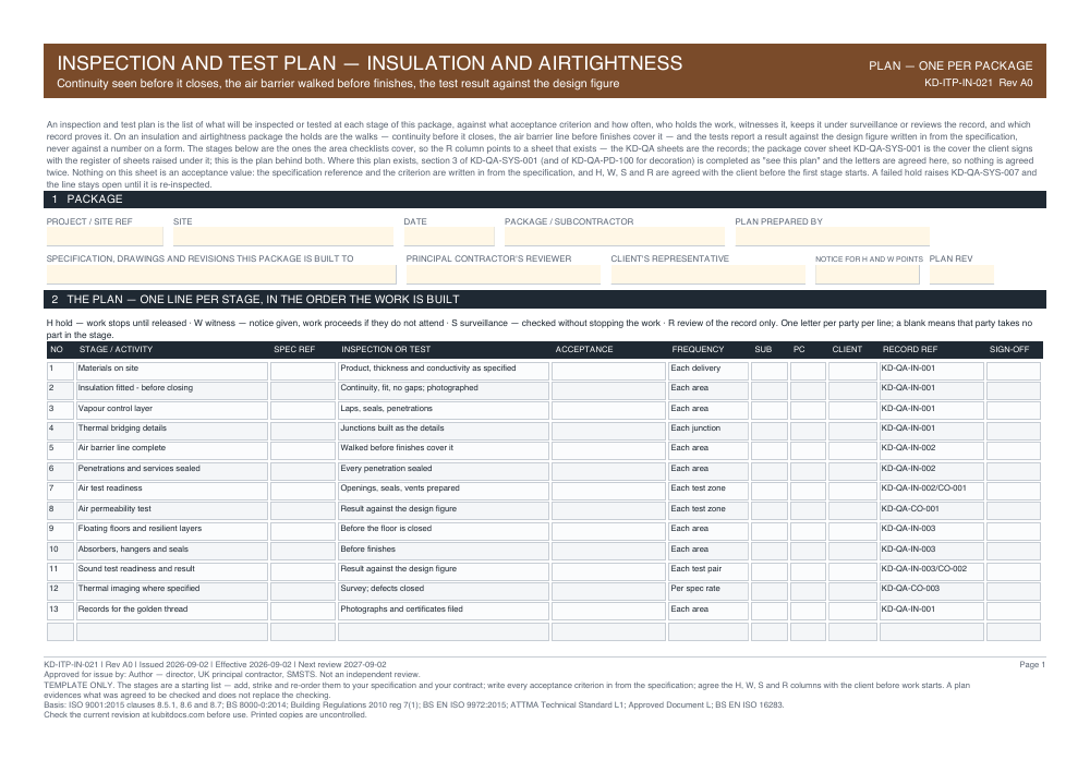 Inspection and Test Plan — Insulation and Airtightness — page one