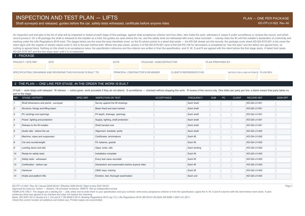 Inspection and Test Plan — Lifts — page one