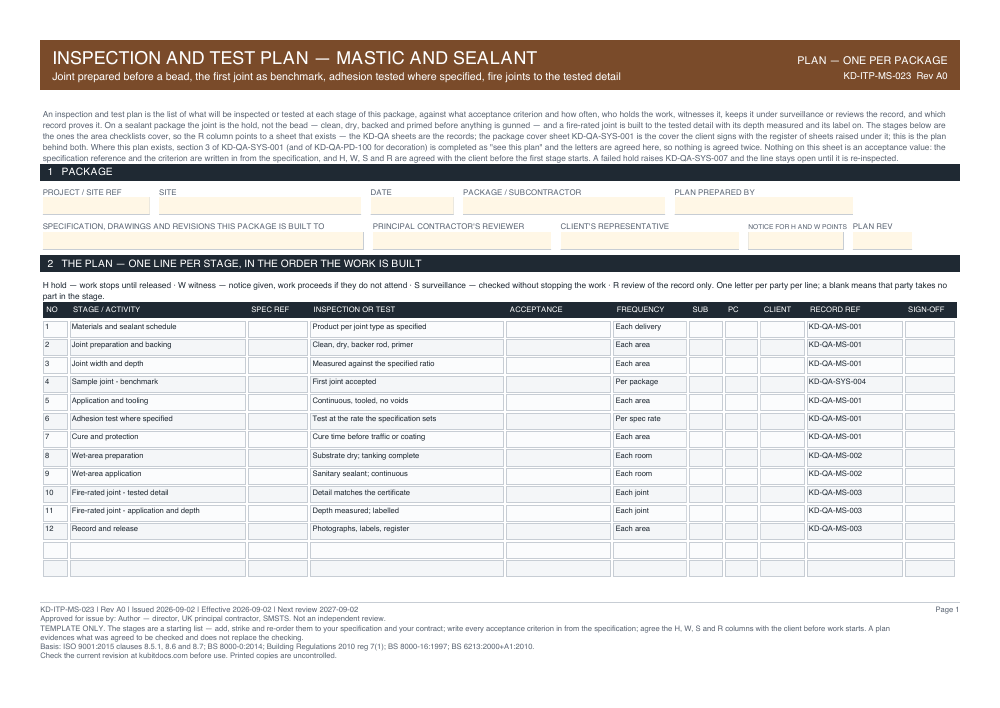Inspection and Test Plan — Mastic and Sealant — page one