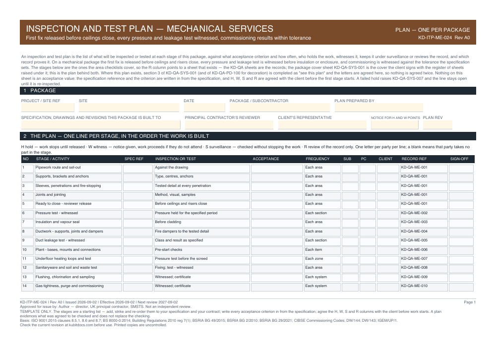 Inspection and Test Plan — Mechanical Services — page one