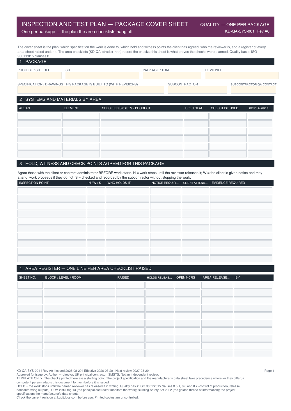 Inspection and Test Plan — Package Cover Sheet — page one