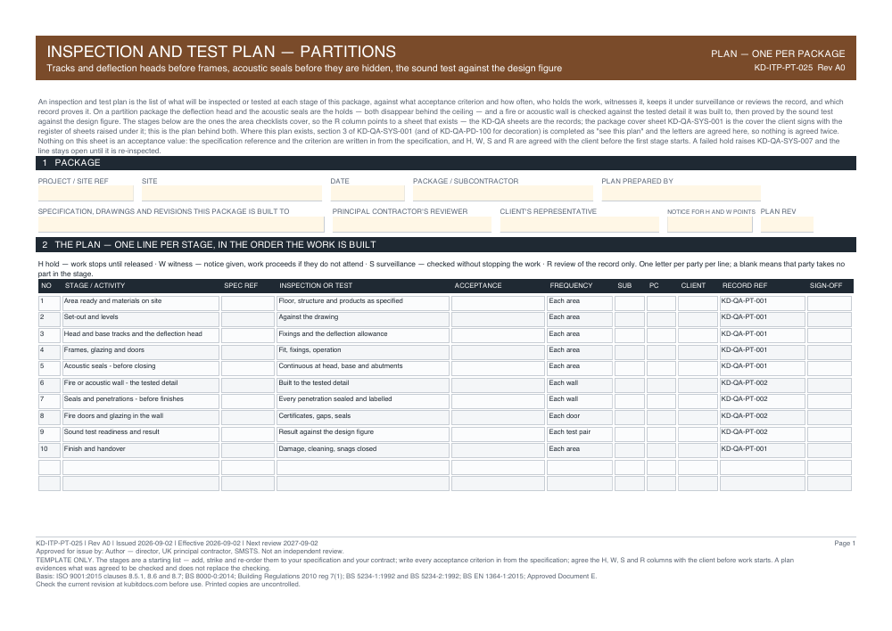 Inspection and Test Plan — Partitions — page one