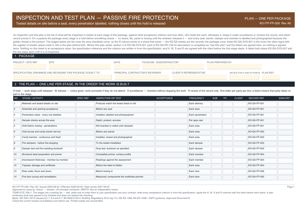 Inspection and Test Plan — Passive Fire Protection — page one