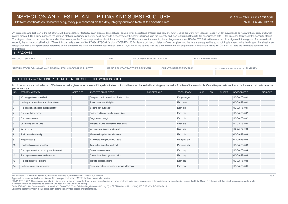 Inspection and Test Plan — Piling and Substructure — page one