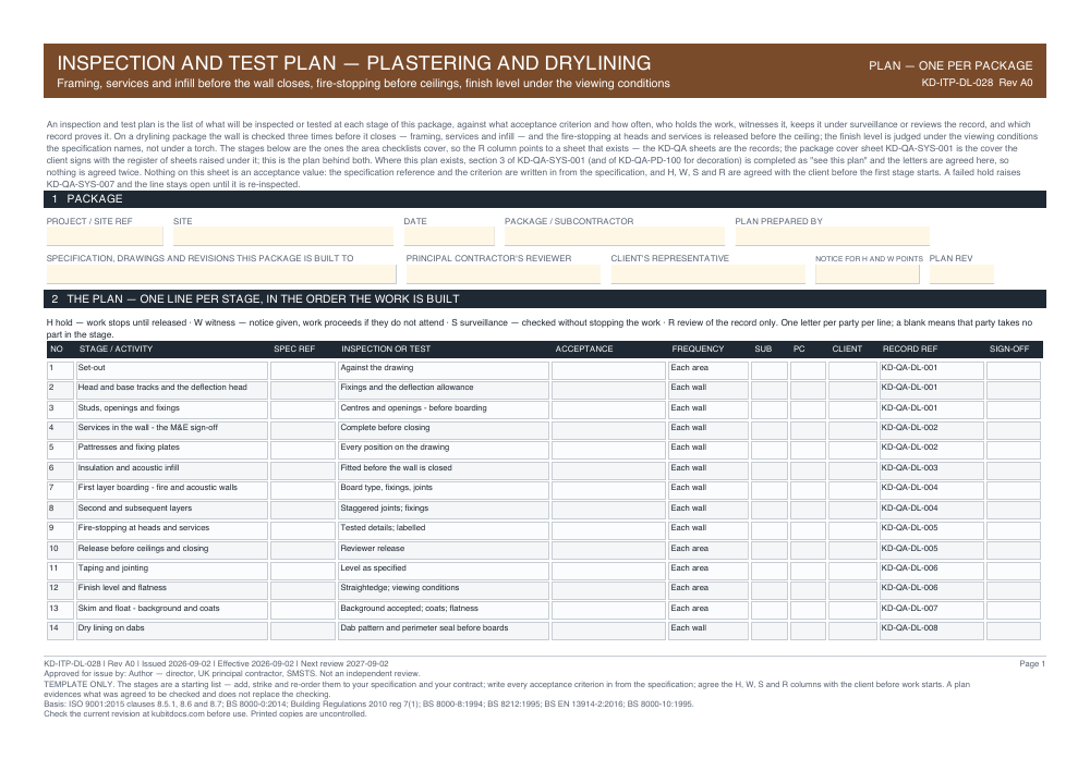 Inspection and Test Plan — Plastering and Drylining — page one