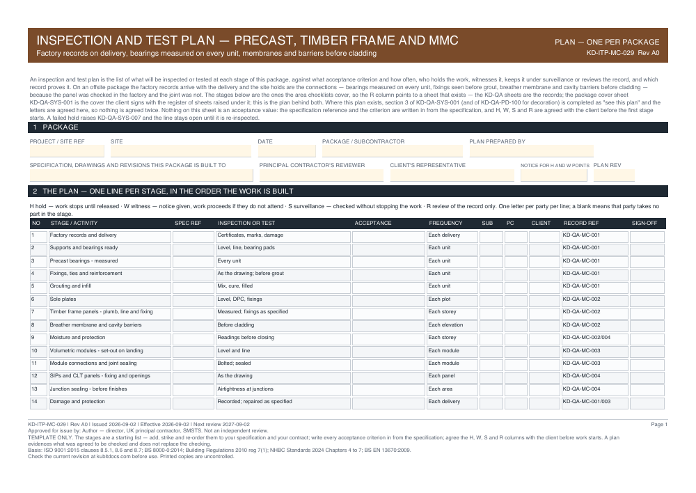 Inspection and Test Plan — Precast, Timber Frame and MMC — page one