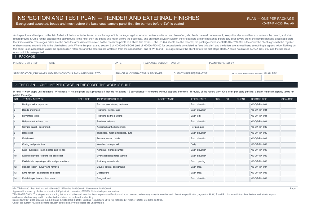 Inspection and Test Plan — Render and External Finishes — page one
