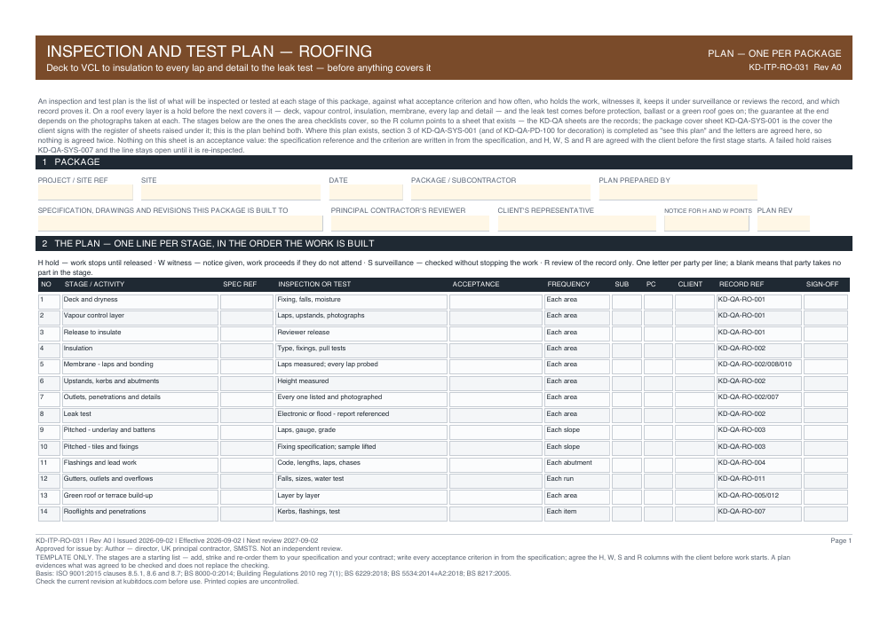 Inspection and Test Plan — Roofing — page one