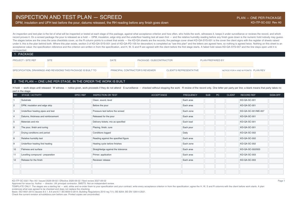 Inspection and Test Plan — Screed — page one