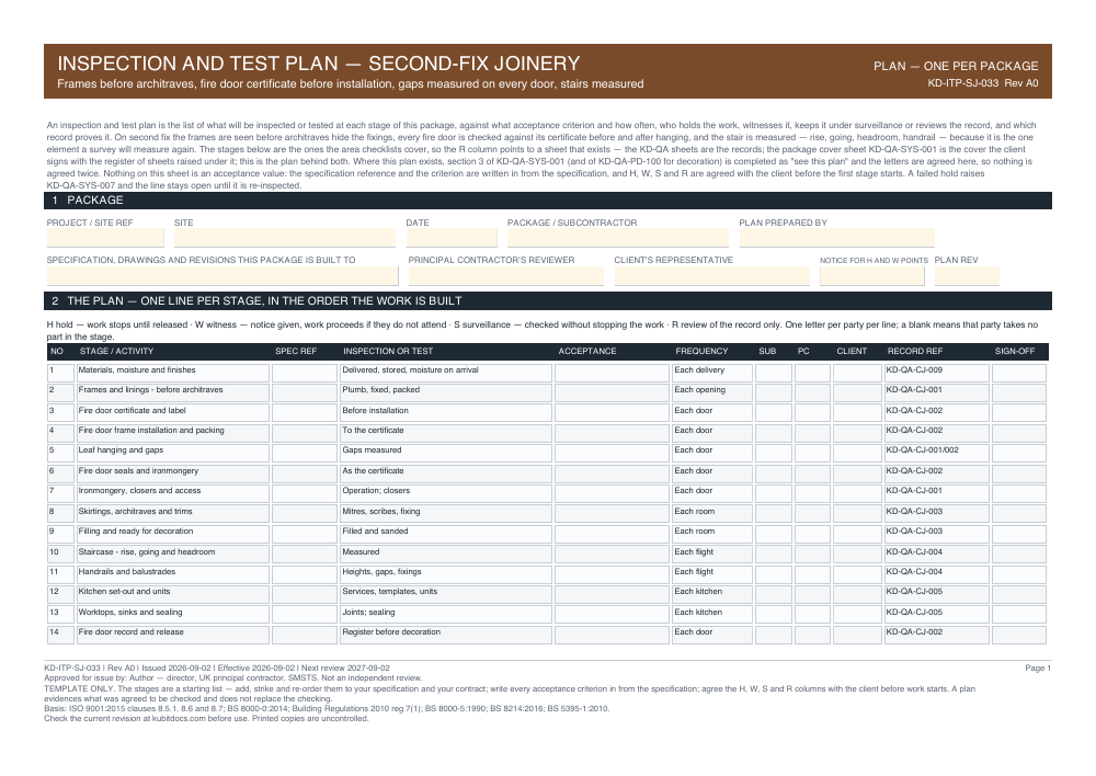 Inspection and Test Plan — Second-Fix Joinery — page one
