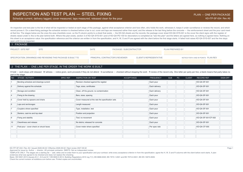 Inspection and Test Plan — Steel Fixing — page one