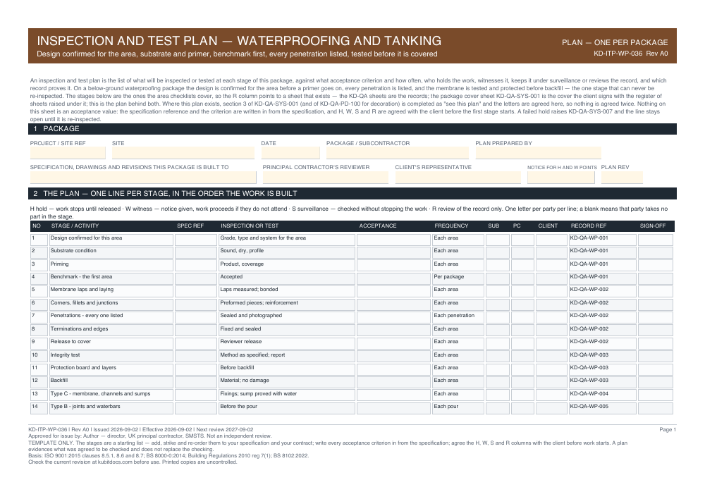 Inspection and Test Plan — Waterproofing and Tanking — page one