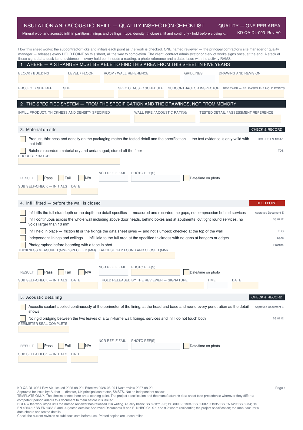 Insulation and Acoustic Infill — Quality Inspection Checklist — page one