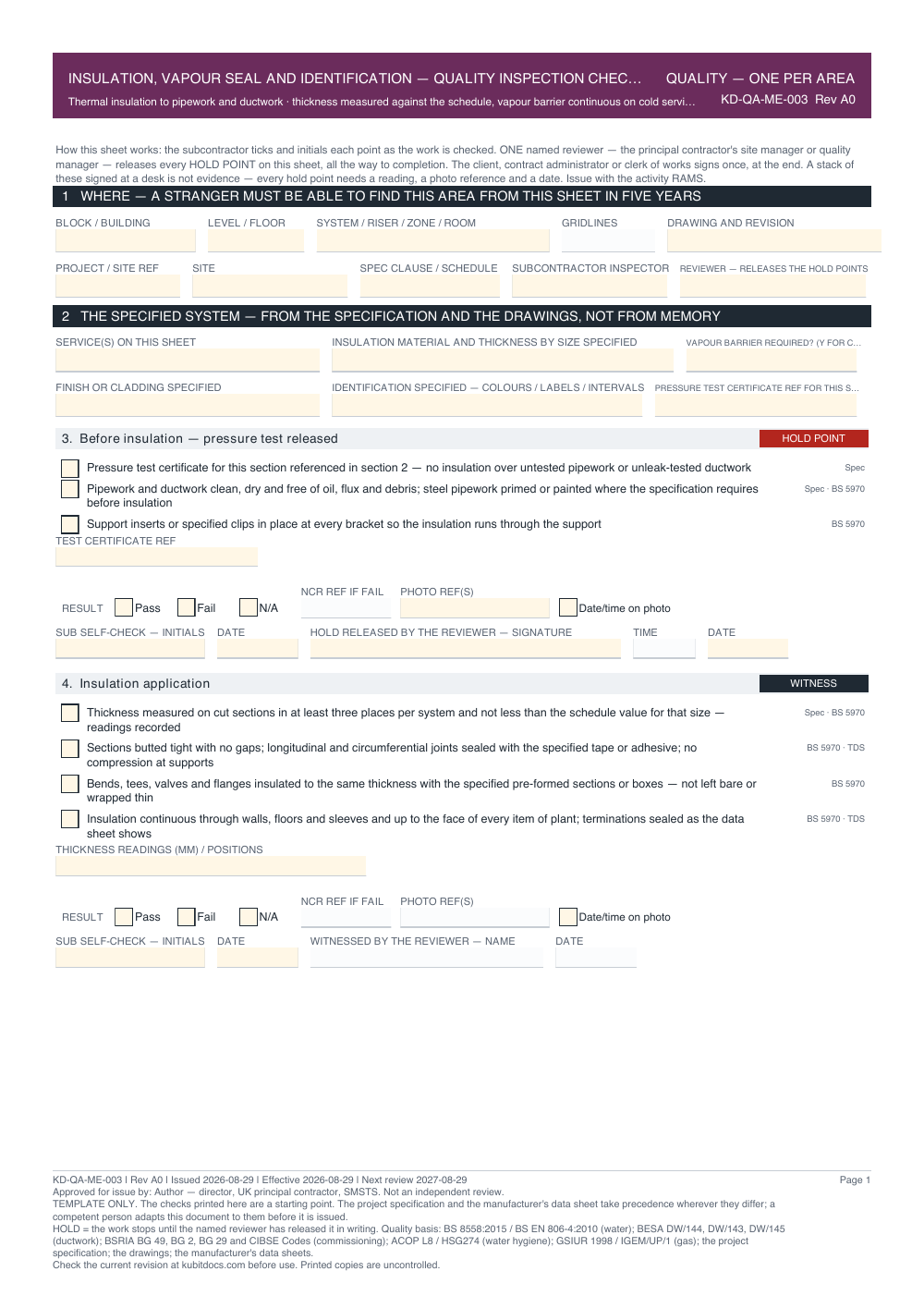 Insulation, Vapour Seal and Identification — Quality Inspection Checklist — page one