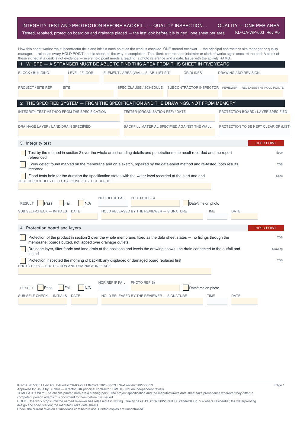 Integrity Test and Protection Before Backfill — Quality Inspection Checklist — page one