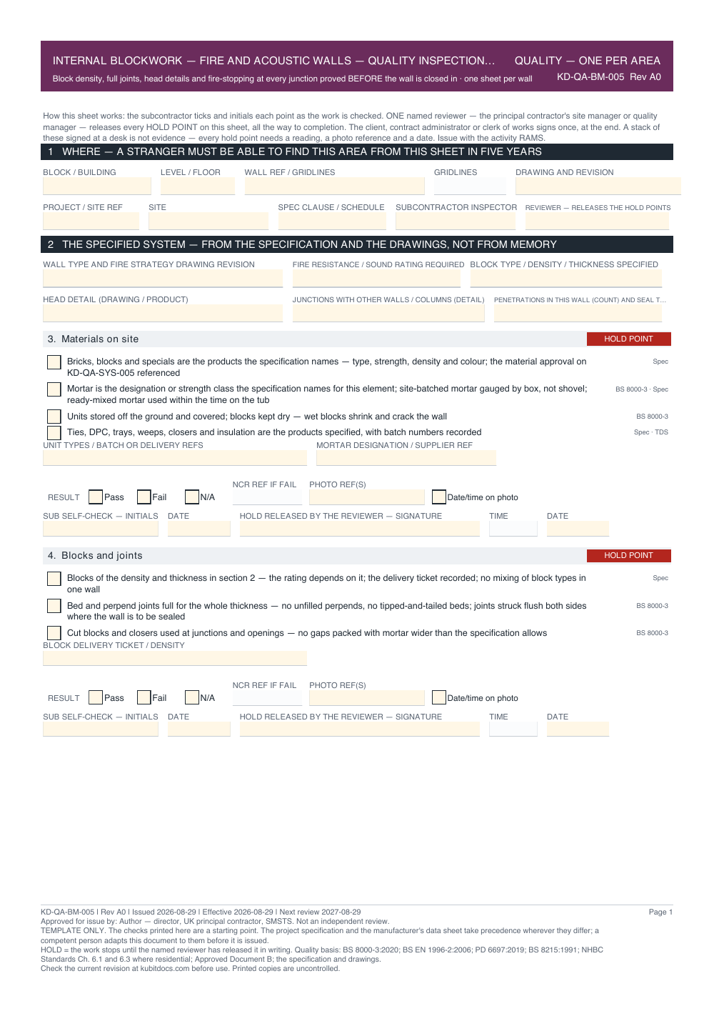 Internal Blockwork — Fire and Acoustic Walls — Quality Inspection Checklist — page one