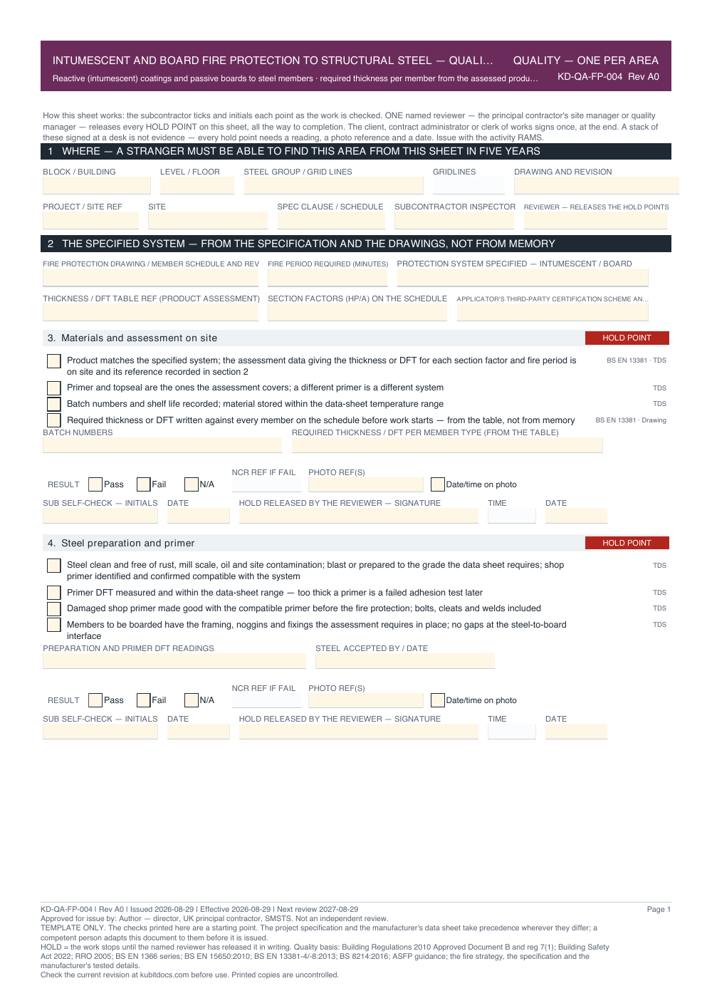 Intumescent and Board Fire Protection to Structural Steel — Quality Inspection Checklist — page one