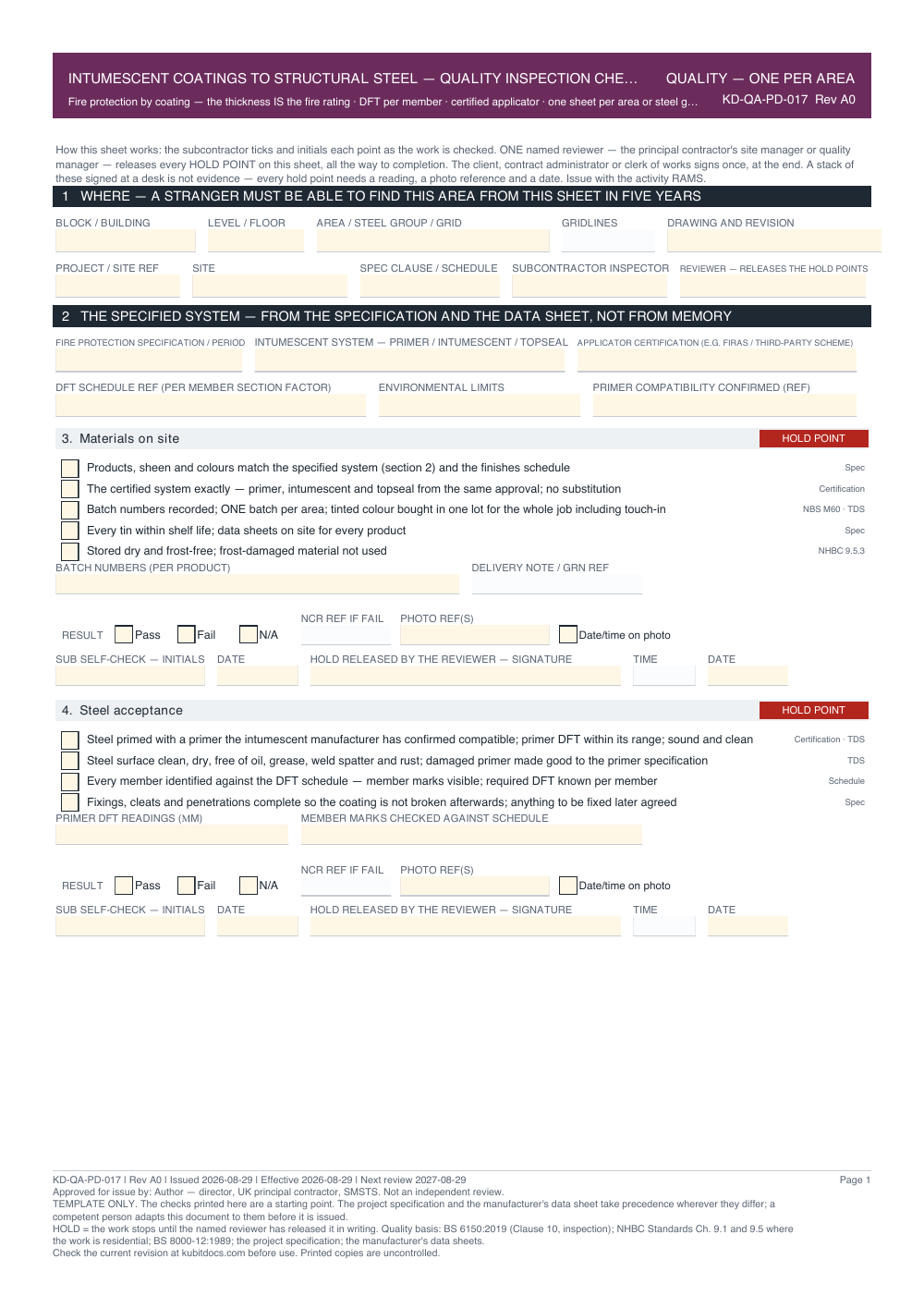 Intumescent Coatings to Structural Steel — Quality Inspection Checklist — page one