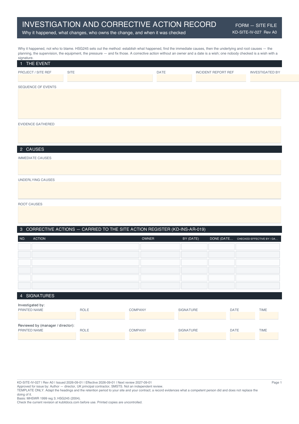 Investigation and Corrective Action Record — page one