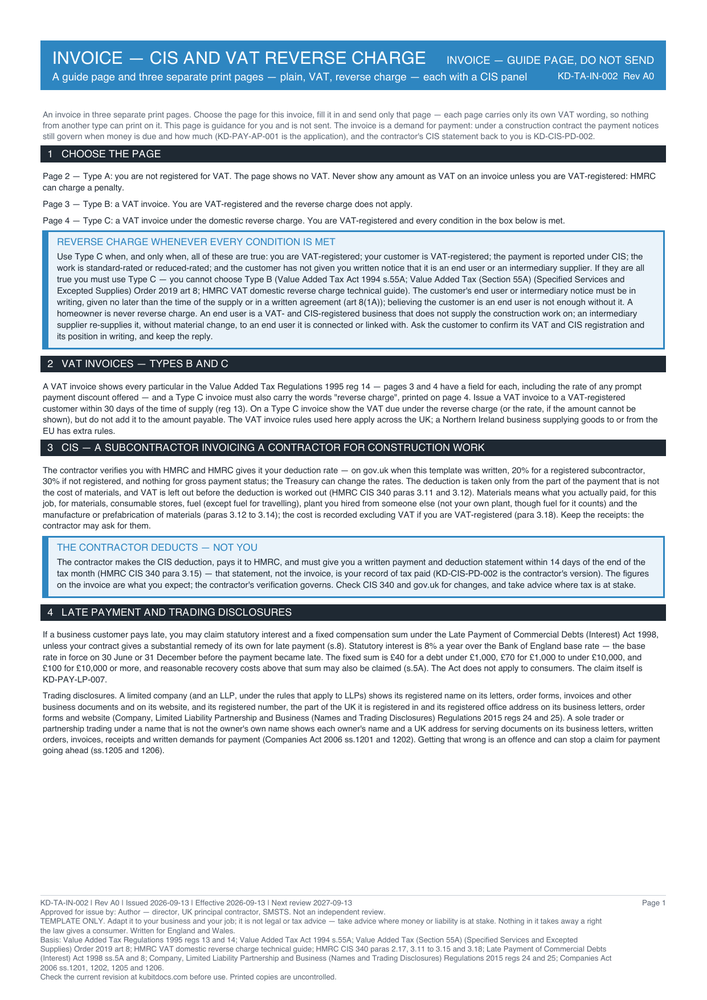 Invoice — CIS and VAT Reverse Charge — page one