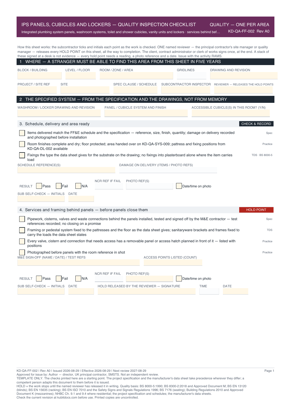 IPS Panels, Cubicles and Lockers — Quality Inspection Checklist — page one