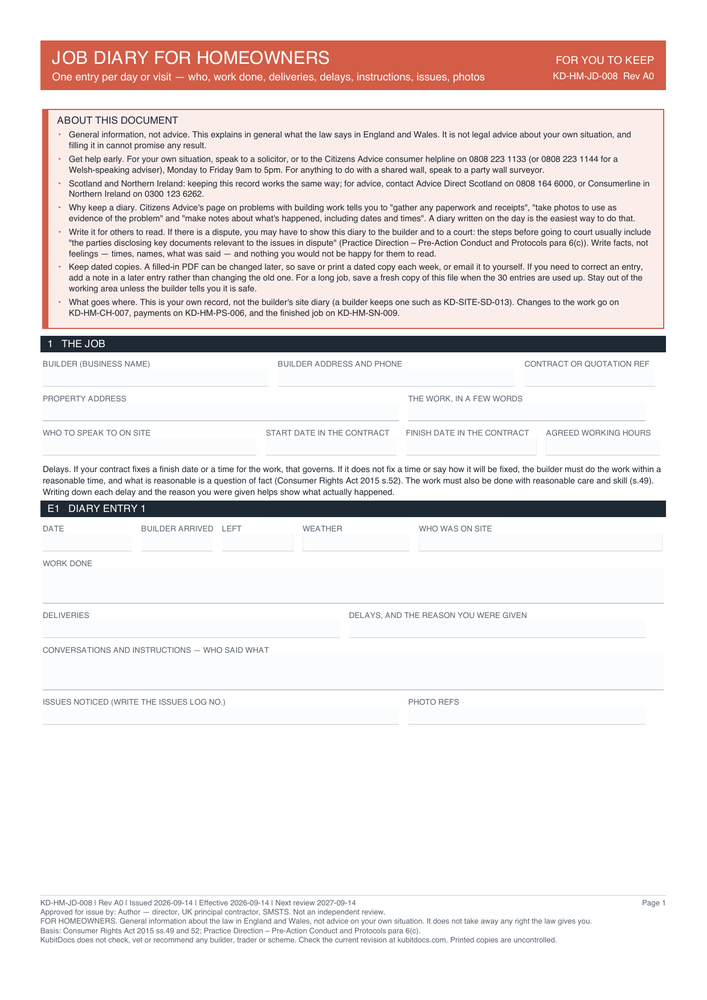 Job Diary for Homeowners — page one