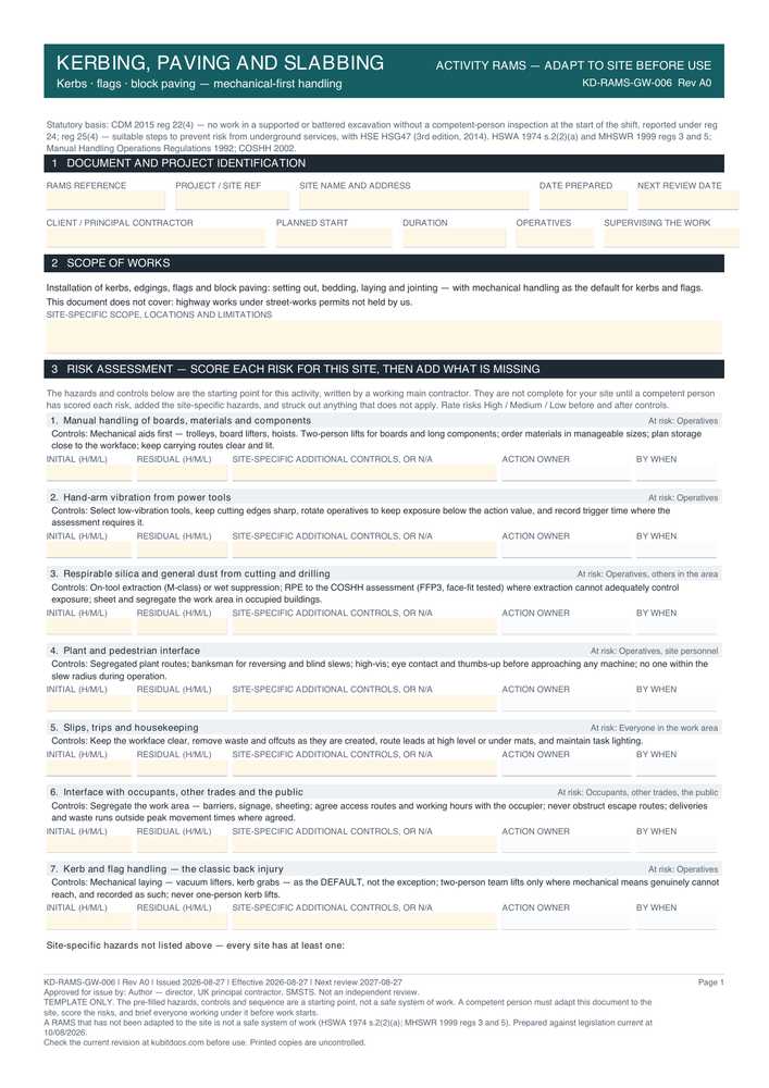 Kerbing, Paving and Slabbing — page one