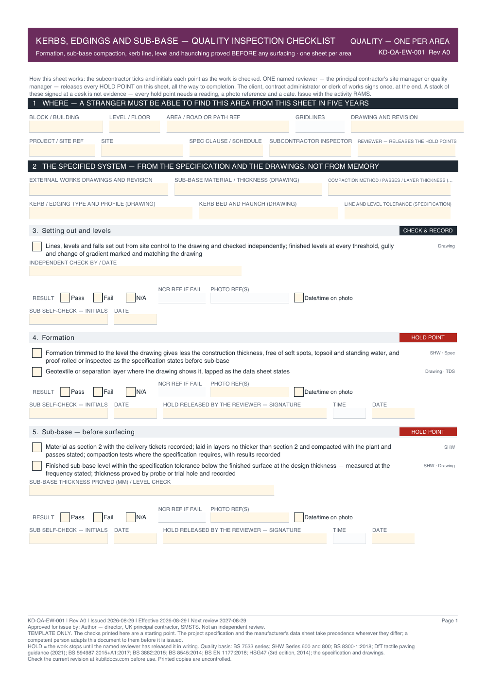 Kerbs, Edgings and Sub-Base — Quality Inspection Checklist — page one