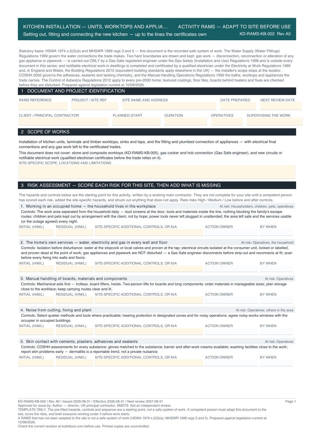 Kitchen Installation — Units, Worktops and Appliances — page one