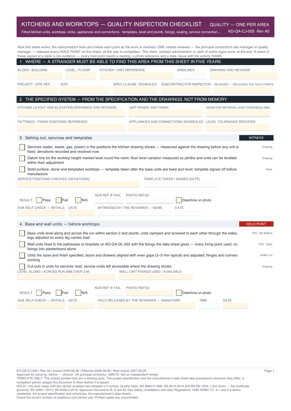 Kitchens and Worktops — Quality Inspection Checklist — page one