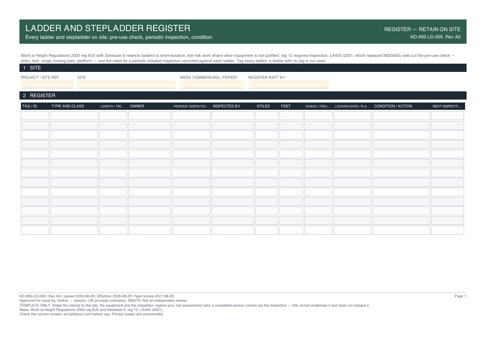 Ladder and Stepladder Register — page one