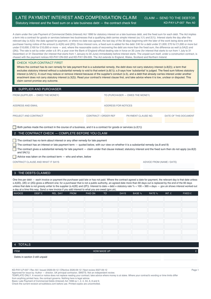 Late Payment Interest and Compensation Claim — page one