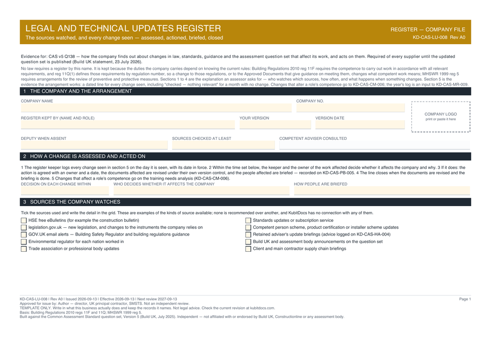 Legal and Technical Updates Register — page one