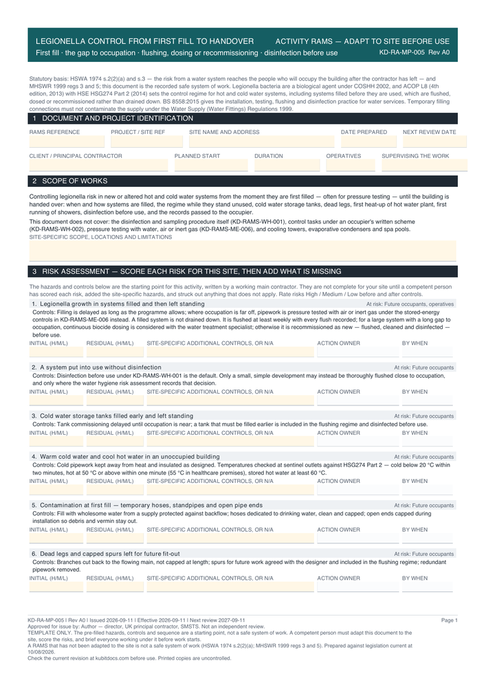 Legionella Control from First Fill to Handover — page one